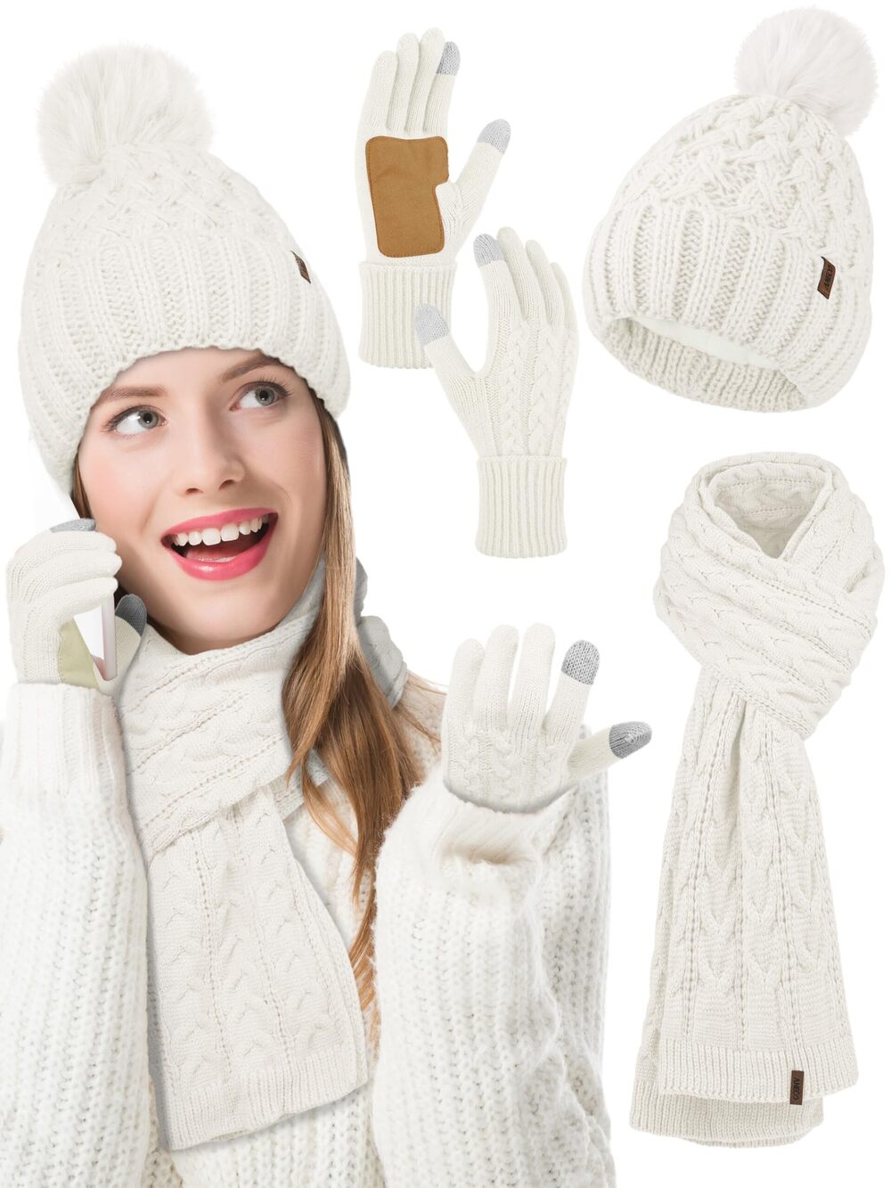 5948 Winter Beanie Hat Scarf Gloves with Pom Pom Fleece Lined Touchscreen